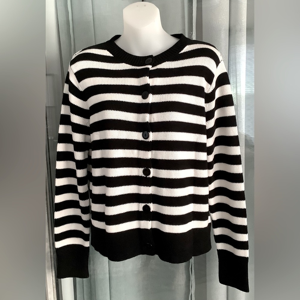 Button Front black and white striped cardigan sweater